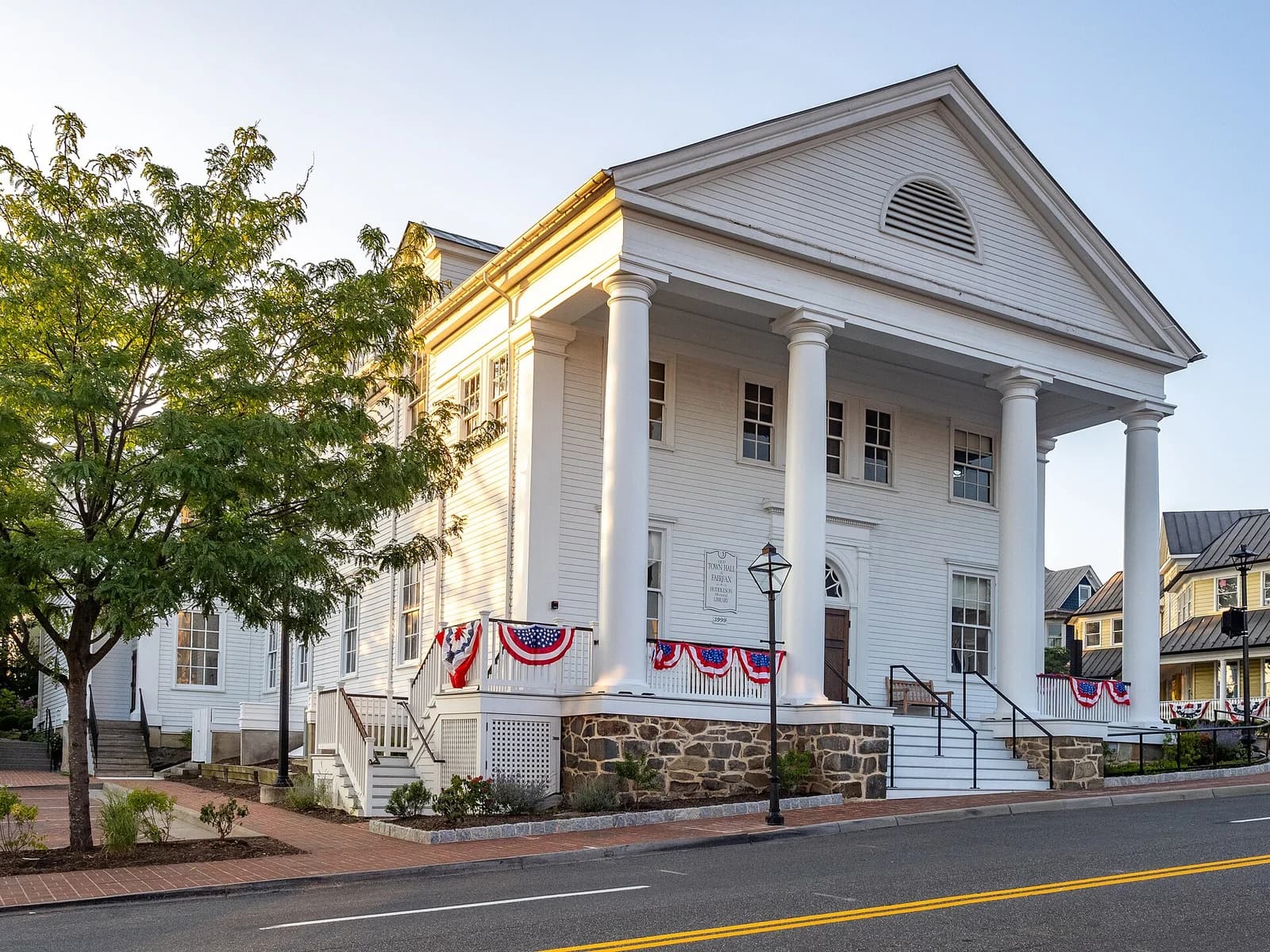 White columns and porch of Old Town Hall in Fairfax City